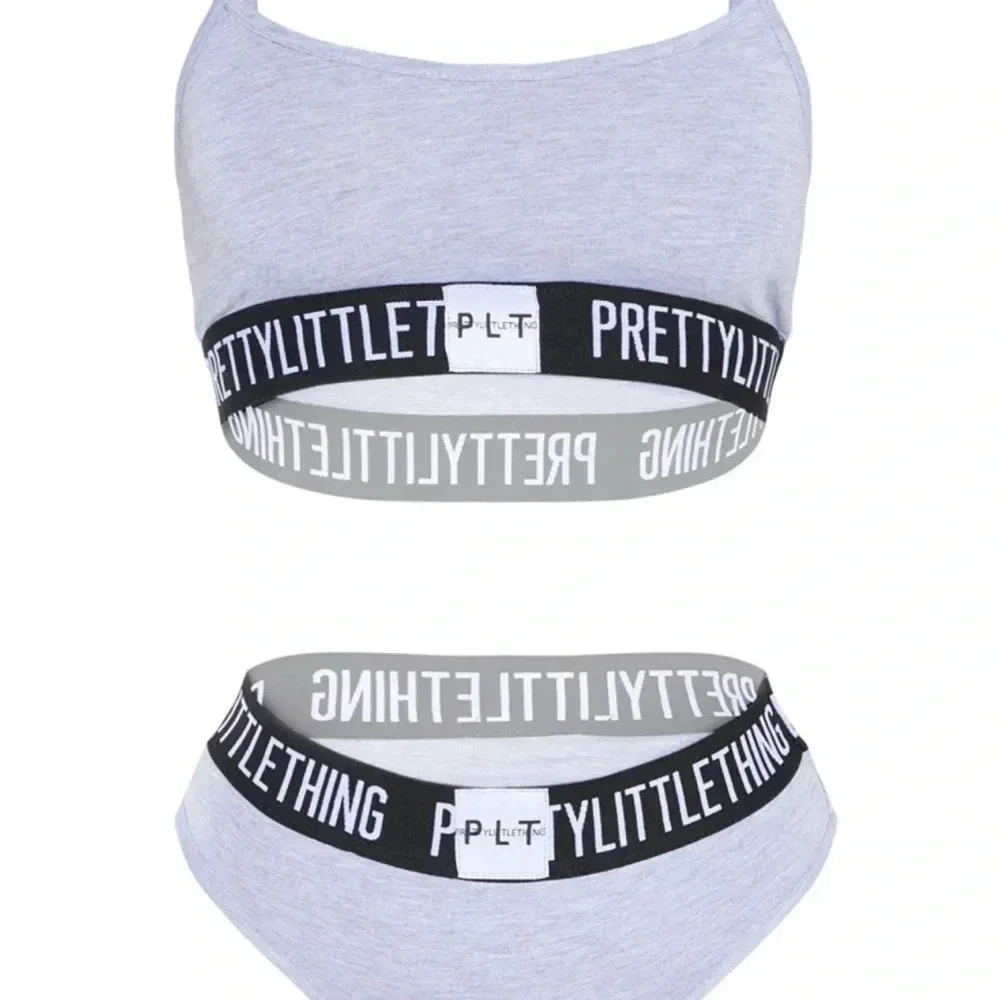 PRETTYLITTLETTHING GREY JERSEY LOGO TAPE LINGERIE SET